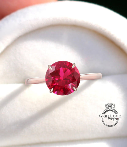 Ruby & Diamond Round side halo plain band Engagement Ring, Cathedral Basket 14kt 18kt Gold-Platinum-Custom-Wedding, Anniversary Gift