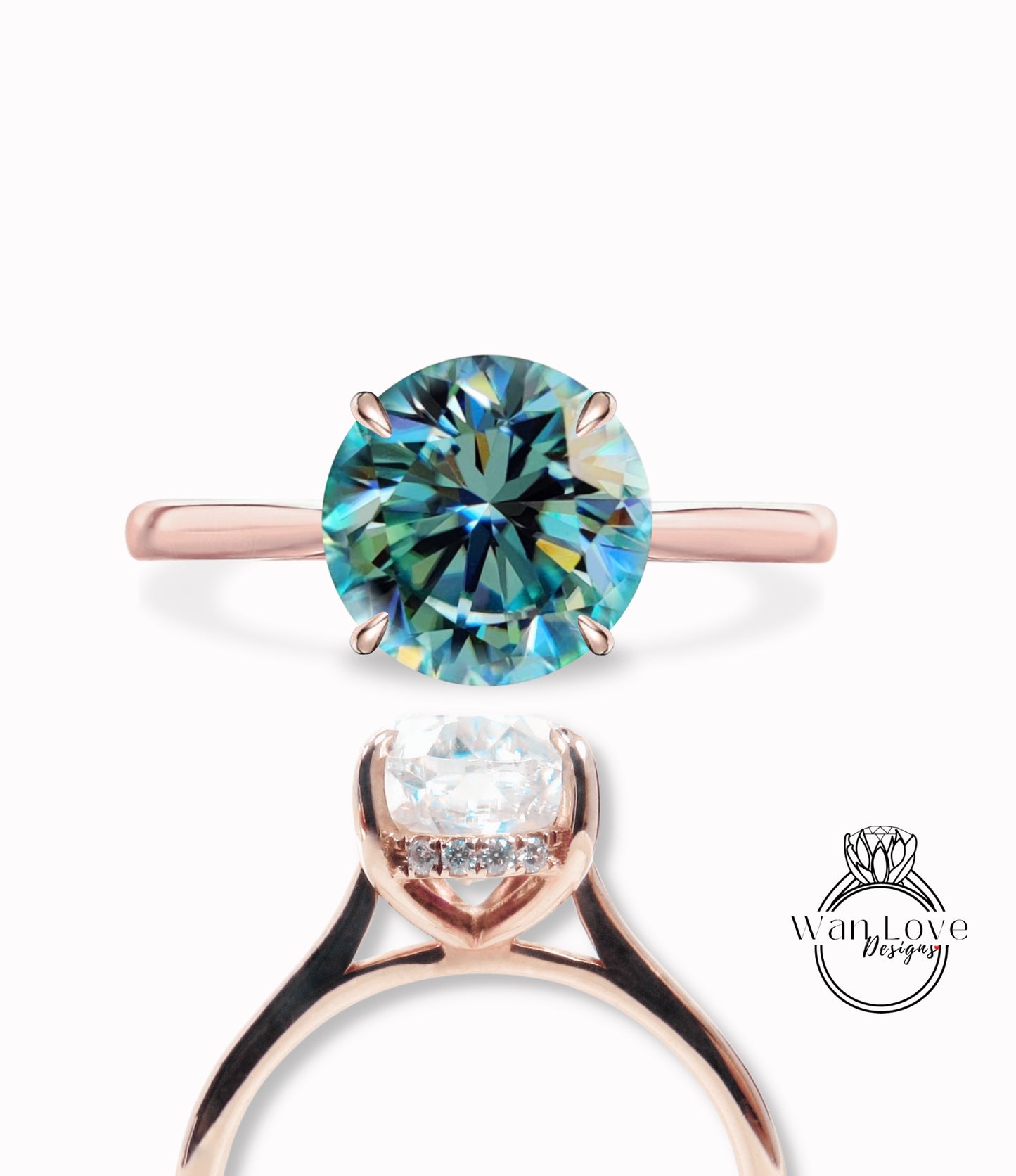 Teal Blue Green Moissanite & Diamond Round Side Halo Engagement Ring tapered plain band Art Deco gold vintage Ring antique wedding bridal promise ring