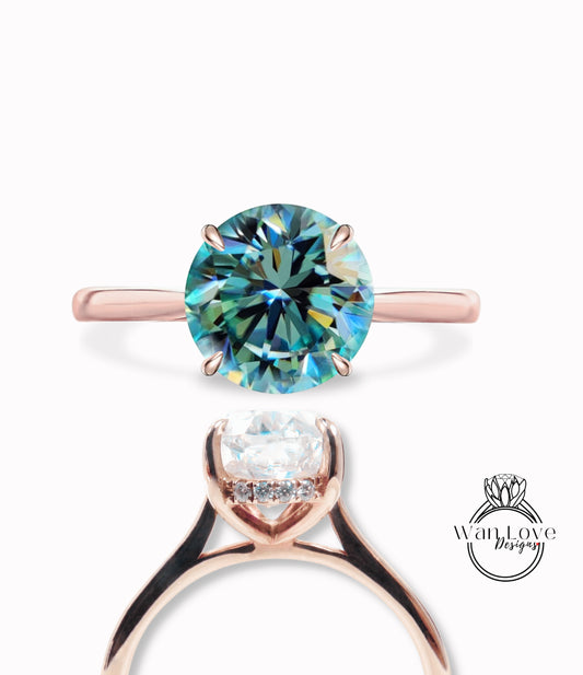 Teal Blue Green Moissanite & Diamond Round side halo plain band Engagement Ring, Cathedral Basket 14kt 18kt Gold-Platinum-Custom-Wedding, Anniversary Gift