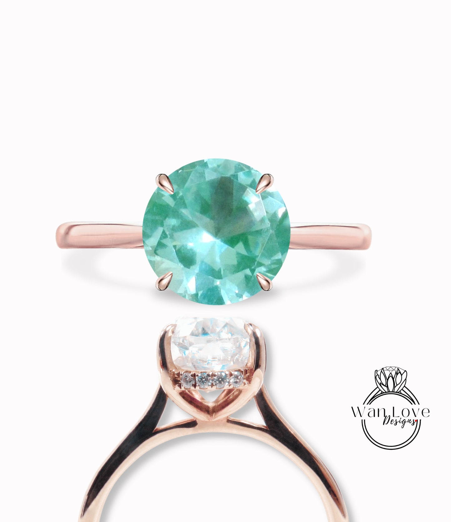 Anello di fidanzamento rotondo con spinello verde acqua e diamanti, Halo laterale, quasi eternità, con gambo sottile, matrimonio personalizzato, regalo di anniversario in platino, oro 14kt 18kt