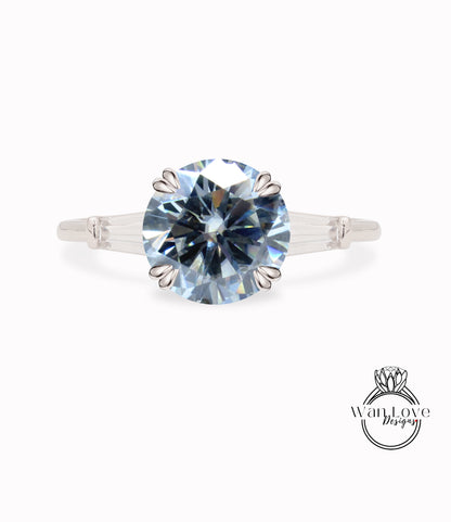 Anello di fidanzamento con 3 gemme di Moissanite grigio rotondo affusolato Baguette, oro 14k 18k personalizzato, platino, matrimonio, regalo di anniversario, WanLoveDesigns