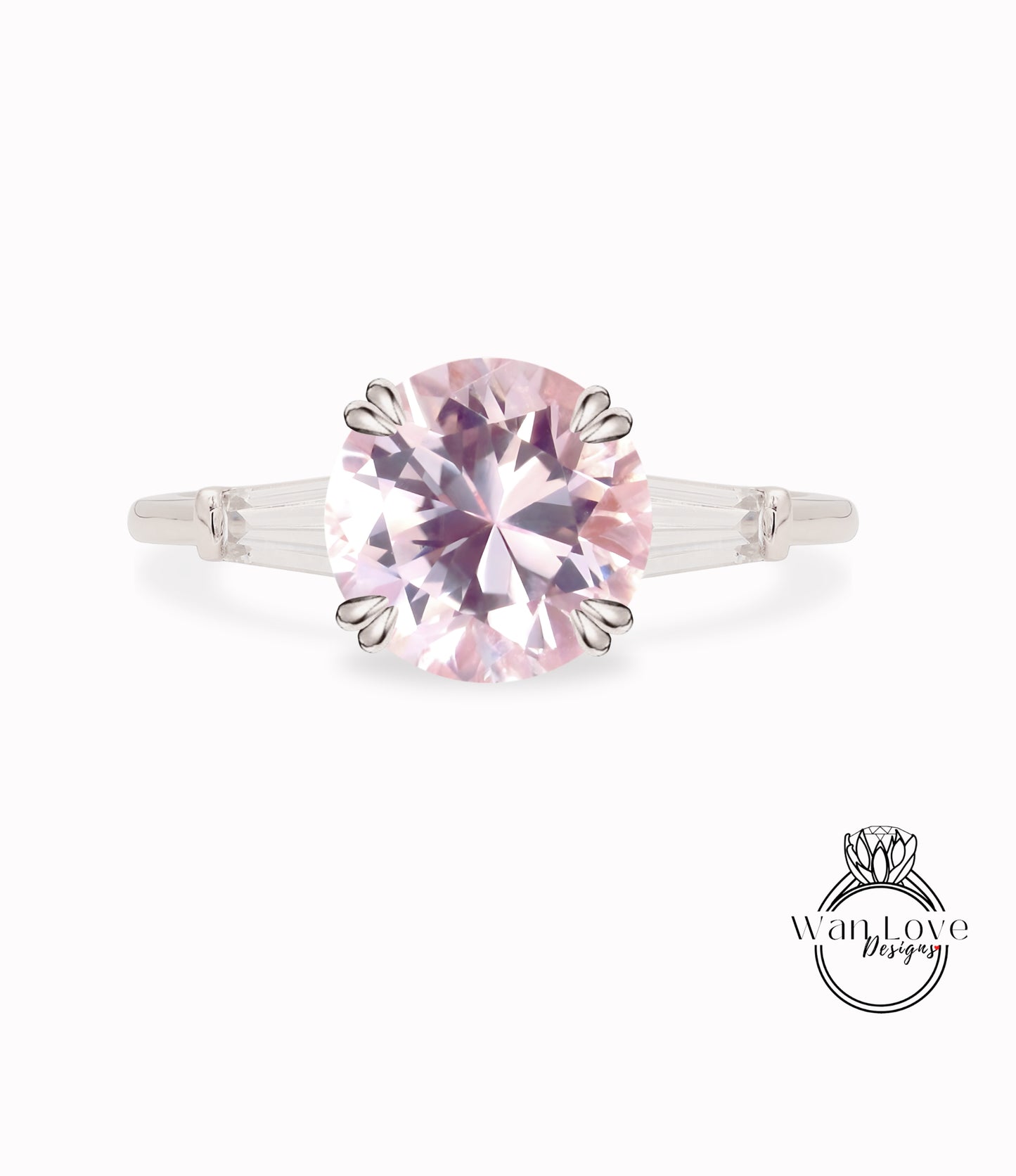 Peach Sapphire & Diamond Round Tapered Baguette 3 gem Engagement Ring, Custom Moissanite lab diamond 14k 18k White Yellow Rose Gold Platinum Wedding bridal ring, Anniversary gift