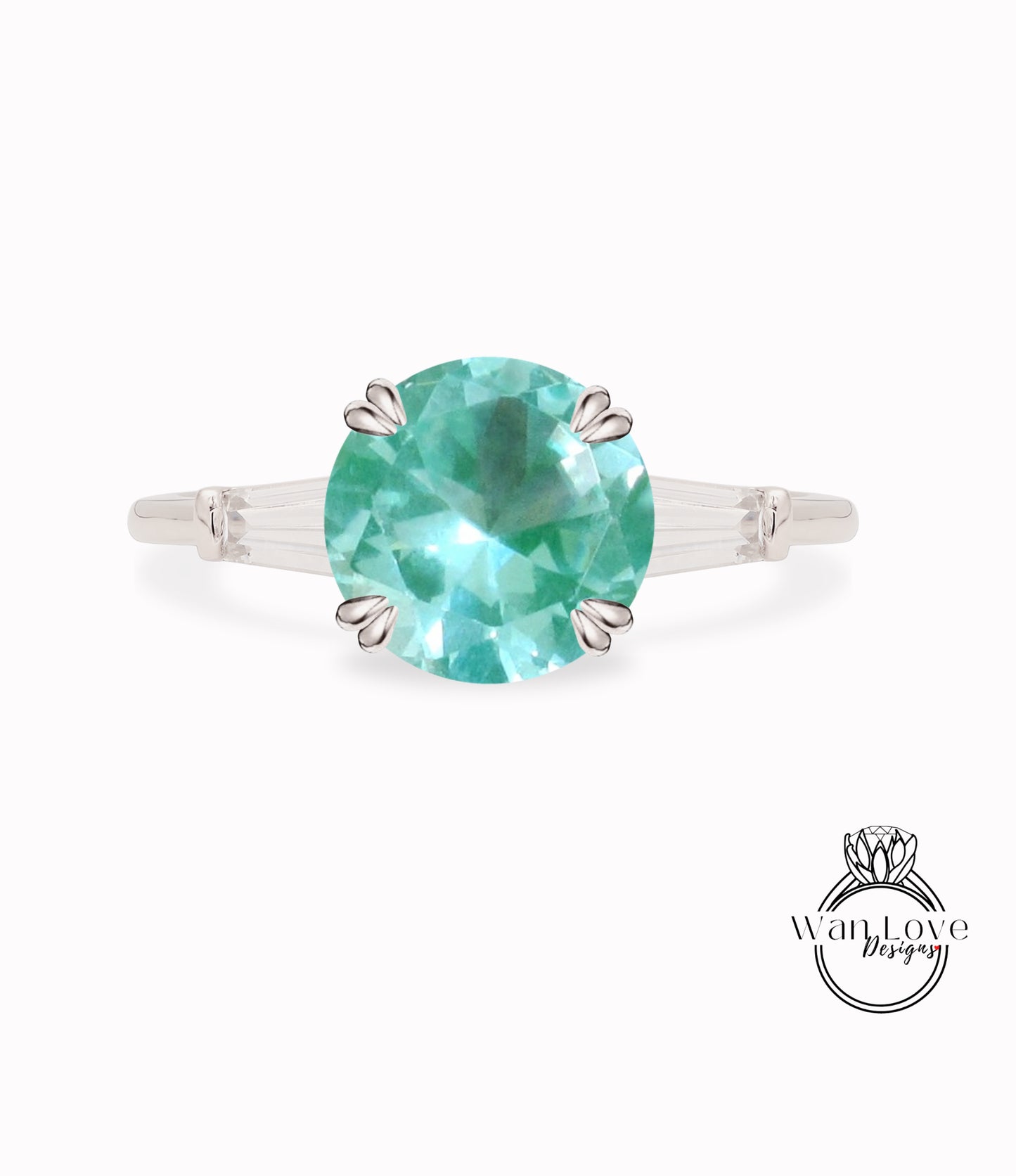 Caribbean Sea Teal Green Blue Spinel & Diamond Round Tapered Baguette 3 gem Engagement Ring, Custom Moissanite lab diamond 14k 18k White Yellow Rose Gold Platinum Wedding bridal ring, Anniversary gift