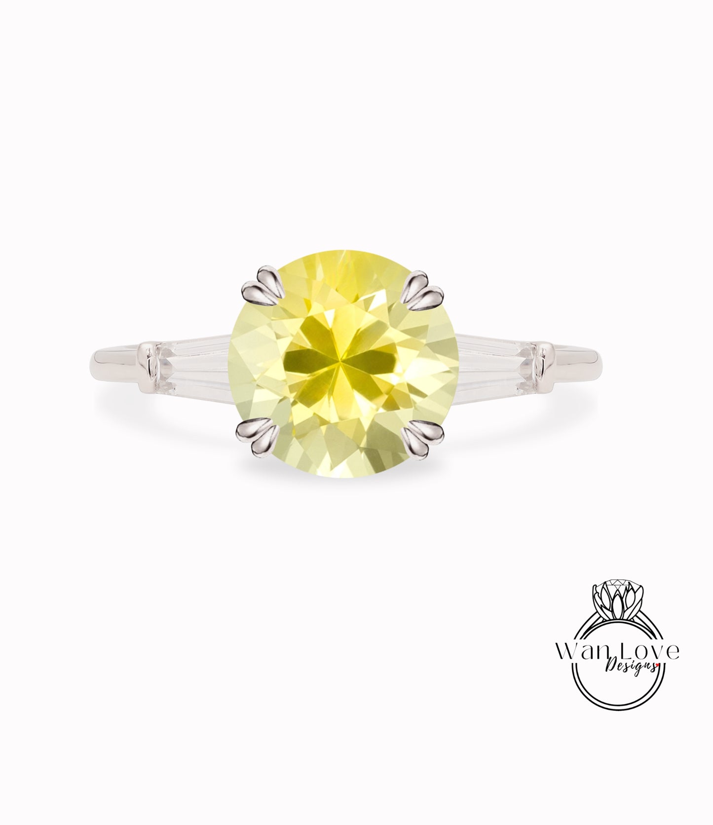 Yellow Sapphire & Diamond Round Tapered Baguette 3 gem Engagement Ring, Custom Moissanite lab diamond 14k 18k White Yellow Rose Gold Platinum Wedding bridal ring, Anniversary gift