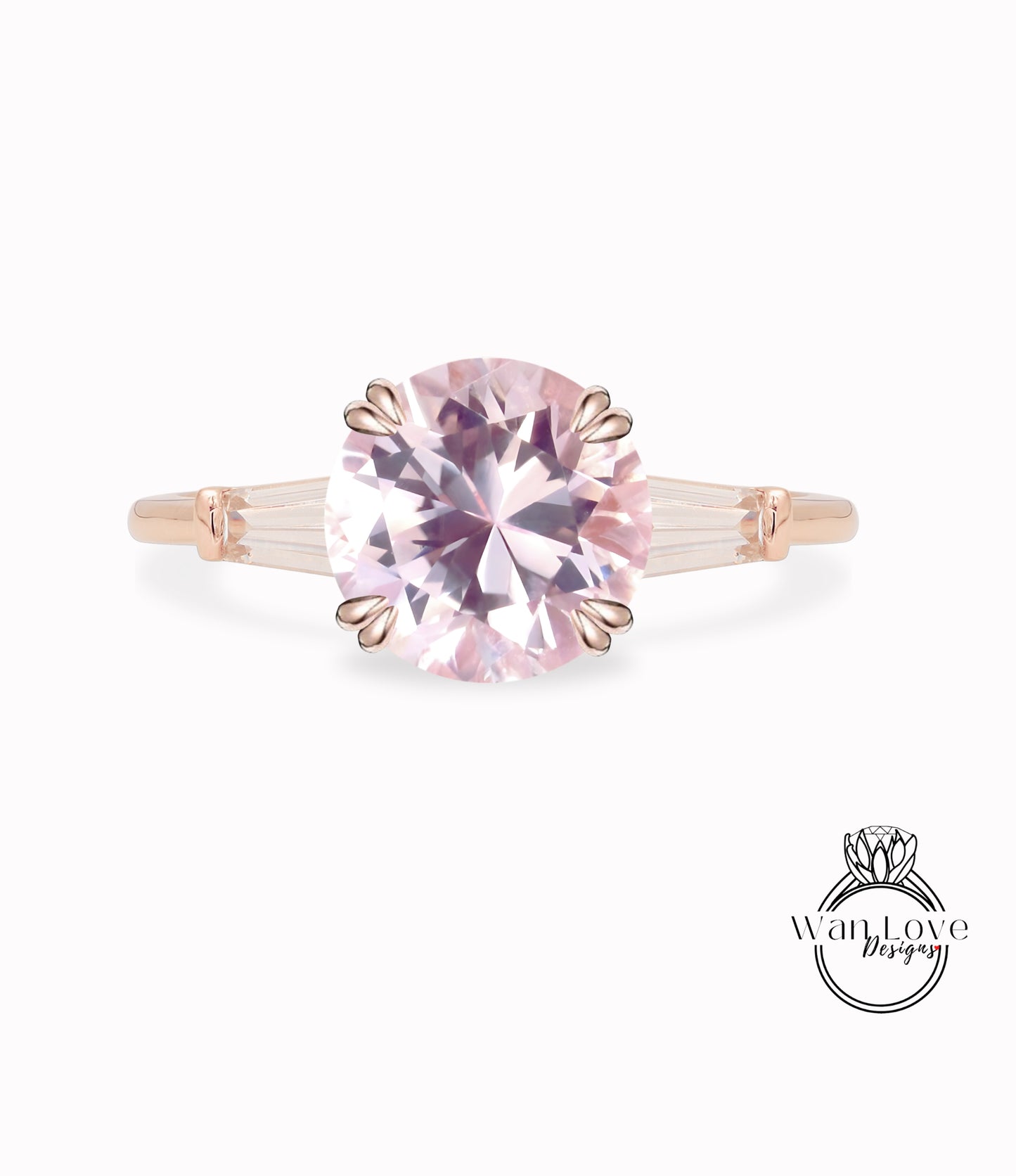 Peach Sapphire & Diamond Round Tapered Baguette 3 gem Engagement Ring, Custom Moissanite lab diamond 14k 18k White Yellow Rose Gold Platinum Wedding bridal ring, Anniversary gift