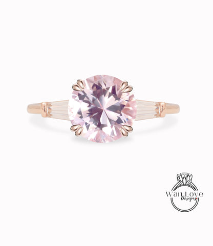 Peach Sapphire & Diamond Round Tapered Baguette 3 gem Engagement Ring, Custom Moissanite lab diamond 14k 18k White Yellow Rose Gold Platinum Wedding bridal ring, Anniversary gift