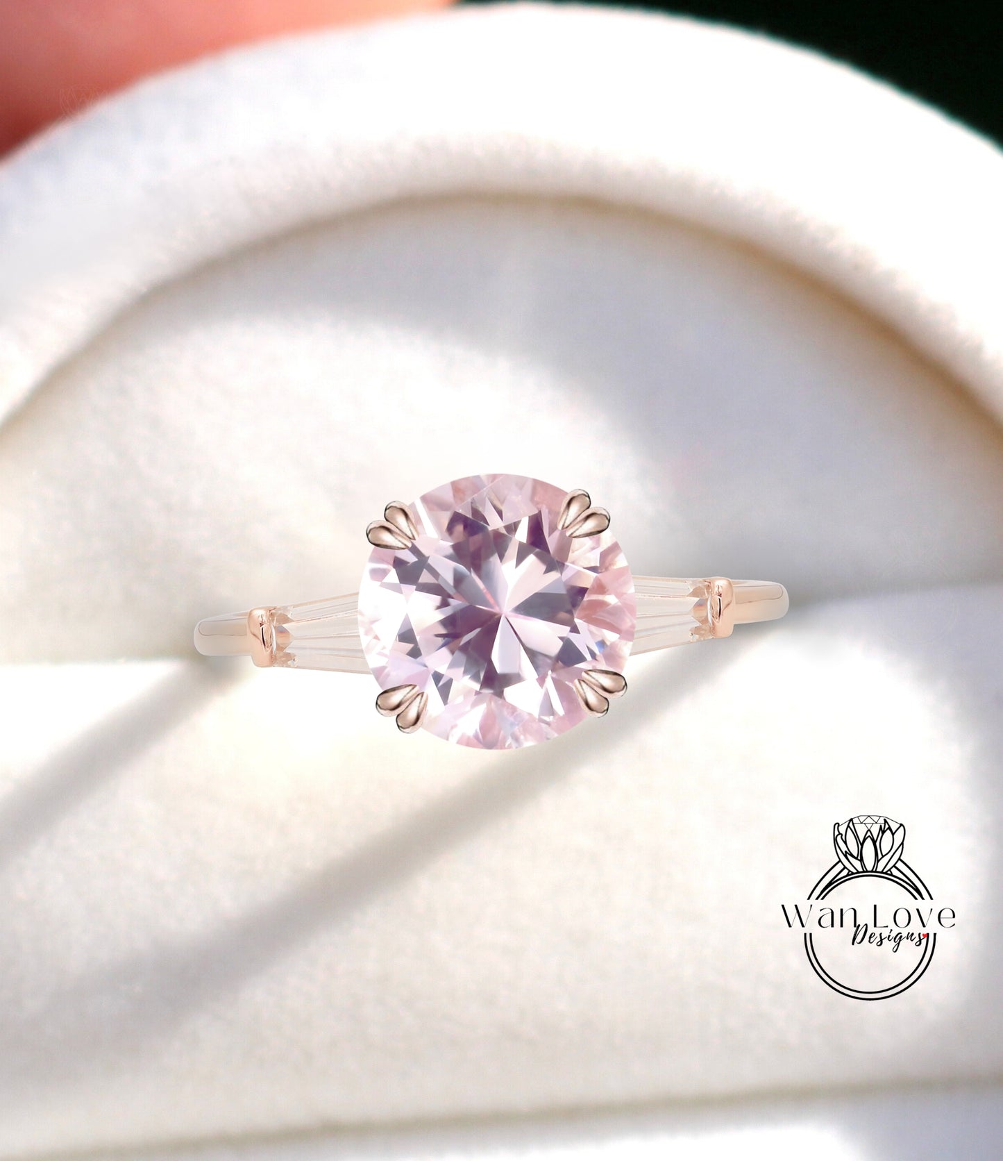 Peach Sapphire & Diamond Round Tapered Baguette 3 gem Engagement Ring, Custom Moissanite lab diamond 14k 18k White Yellow Rose Gold Platinum Wedding bridal ring, Anniversary gift