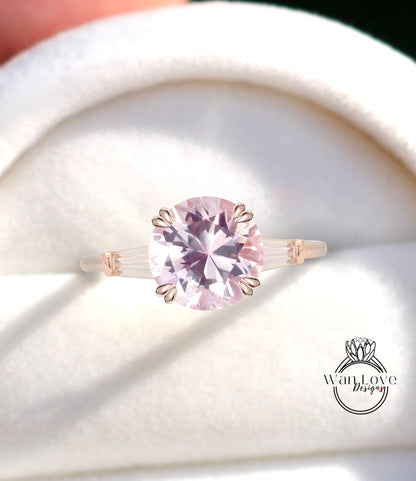 Peach Sapphire & Diamond Round Tapered Baguette 3 gem Engagement Ring, Custom Moissanite lab diamond 14k 18k White Yellow Rose Gold Platinum Wedding bridal ring, Anniversary gift