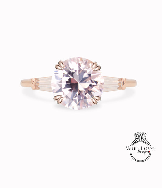 Light Pink Sapphire & Diamond Round Tapered Baguette 3 gem Engagement Ring, Custom Moissanite lab diamond 14k 18k White Yellow Rose Gold Platinum Wedding bridal ring, Anniversary gift