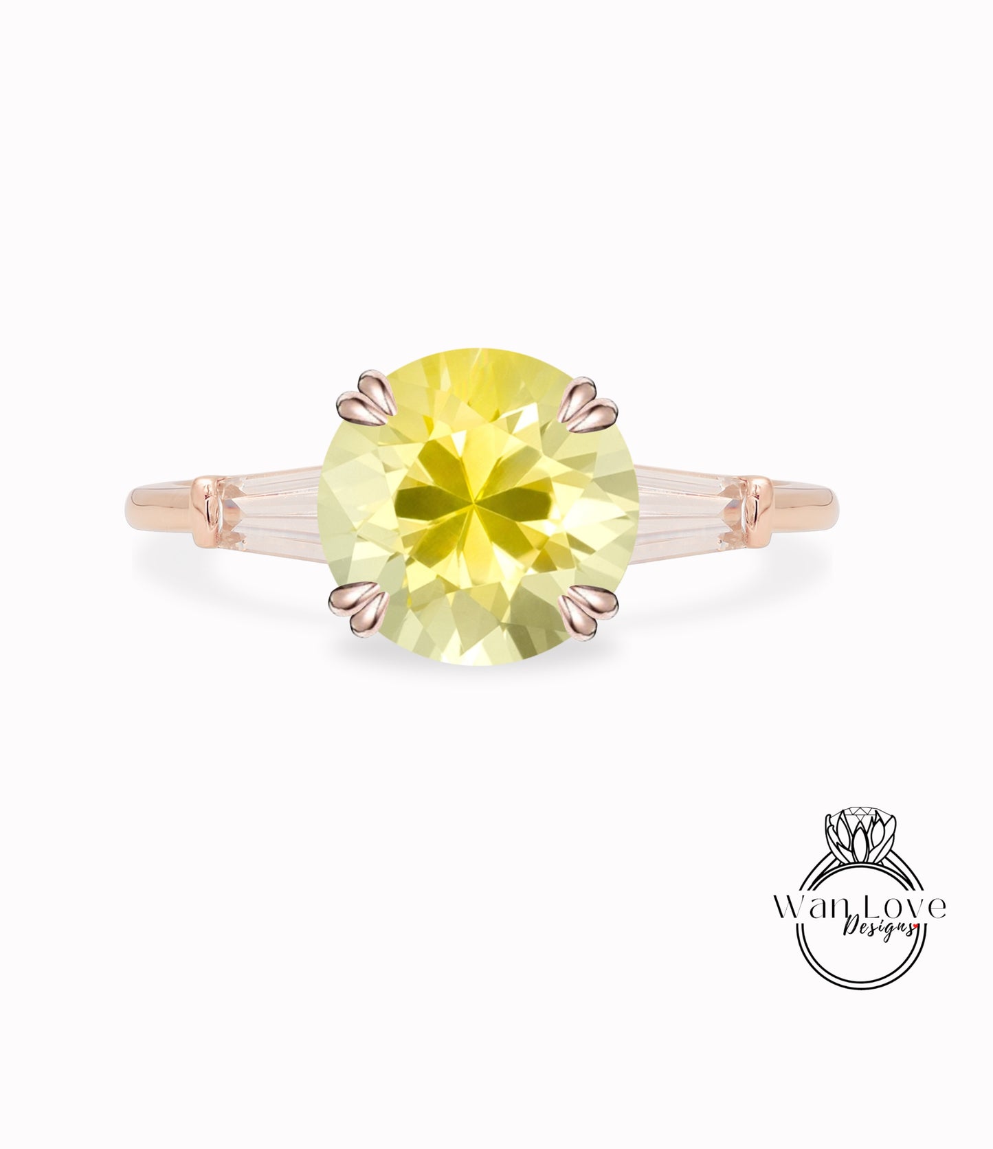 Yellow Sapphire & Diamond Round Tapered Baguette 3 gem Engagement Ring, Custom Moissanite lab diamond 14k 18k White Yellow Rose Gold Platinum Wedding bridal ring, Anniversary gift