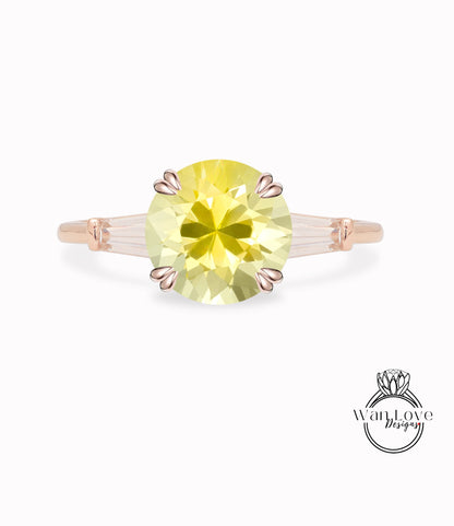 Yellow Sapphire & Diamond Round Tapered Baguette 3 gem Engagement Ring, Custom Moissanite lab diamond 14k 18k White Yellow Rose Gold Platinum Wedding bridal ring, Anniversary gift