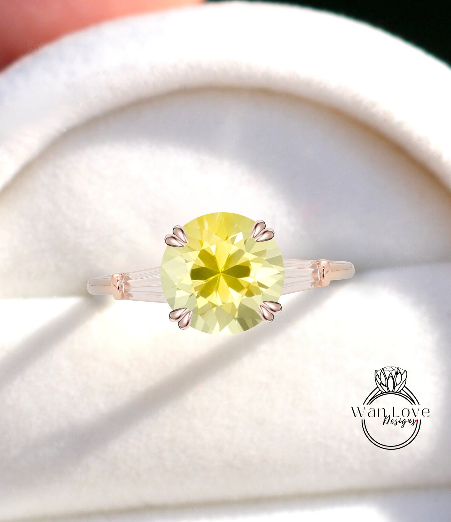 Yellow Sapphire & Diamond Round Tapered Baguette 3 gem Engagement Ring, Custom Moissanite lab diamond 14k 18k White Yellow Rose Gold Platinum Wedding bridal ring, Anniversary gift