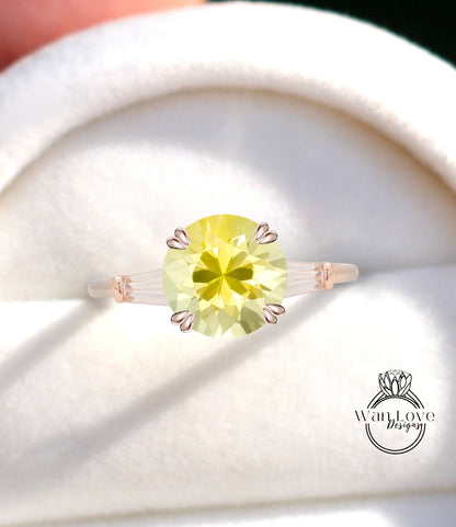 Yellow Sapphire & Diamond Round Tapered Baguette 3 gem Engagement Ring, Custom Moissanite lab diamond 14k 18k White Yellow Rose Gold Platinum Wedding bridal ring, Anniversary gift