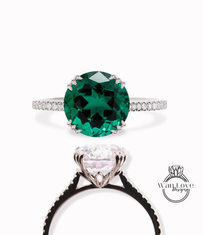 Emerald & Diamond Engagement Ring 3 triple fishtail prongs ring half eternity ring diamond round Bridal Anniversary promise Ring gift