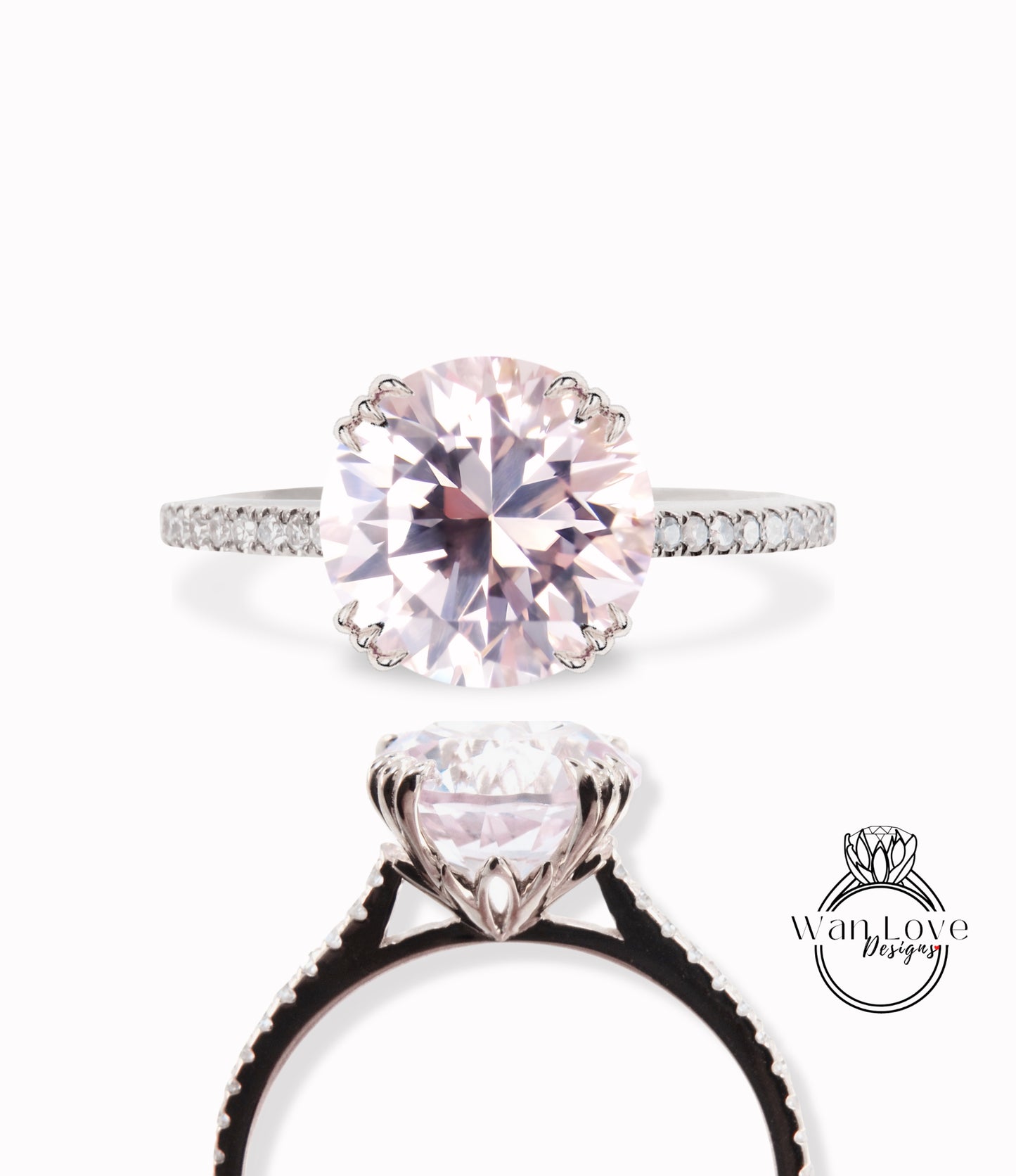 Light Pink Sapphire & Diamond Round 3 triple fishtail prongs Engagement Ring, 14k 18k White Yellow Rose Gold-Platinum-Custom-Wedding