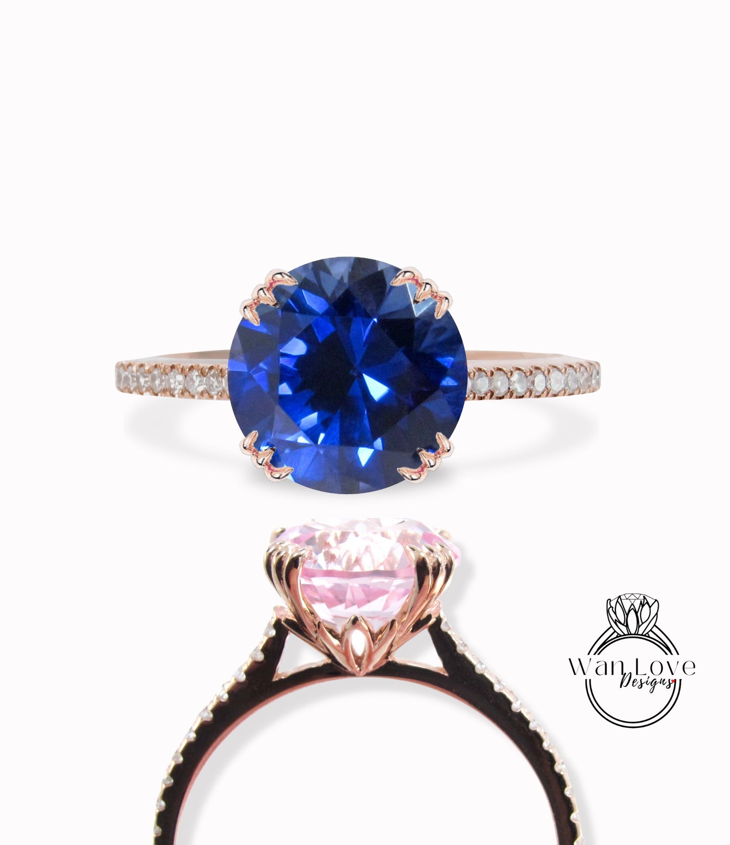 Anello di fidanzamento rotondo con zaffiro blu e diamanti, anello di fidanzamento rotondo, alone laterale, nascosto, 3/4 quasi eternità, personalizzato, matrimonio, anniversario