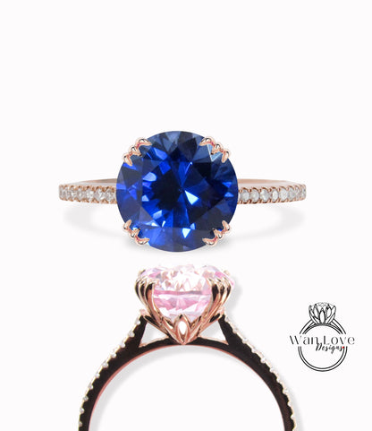 Anello di fidanzamento rotondo con zaffiro blu e diamanti, anello di fidanzamento rotondo, alone laterale, nascosto, 3/4 quasi eternità, personalizzato, matrimonio, anniversario