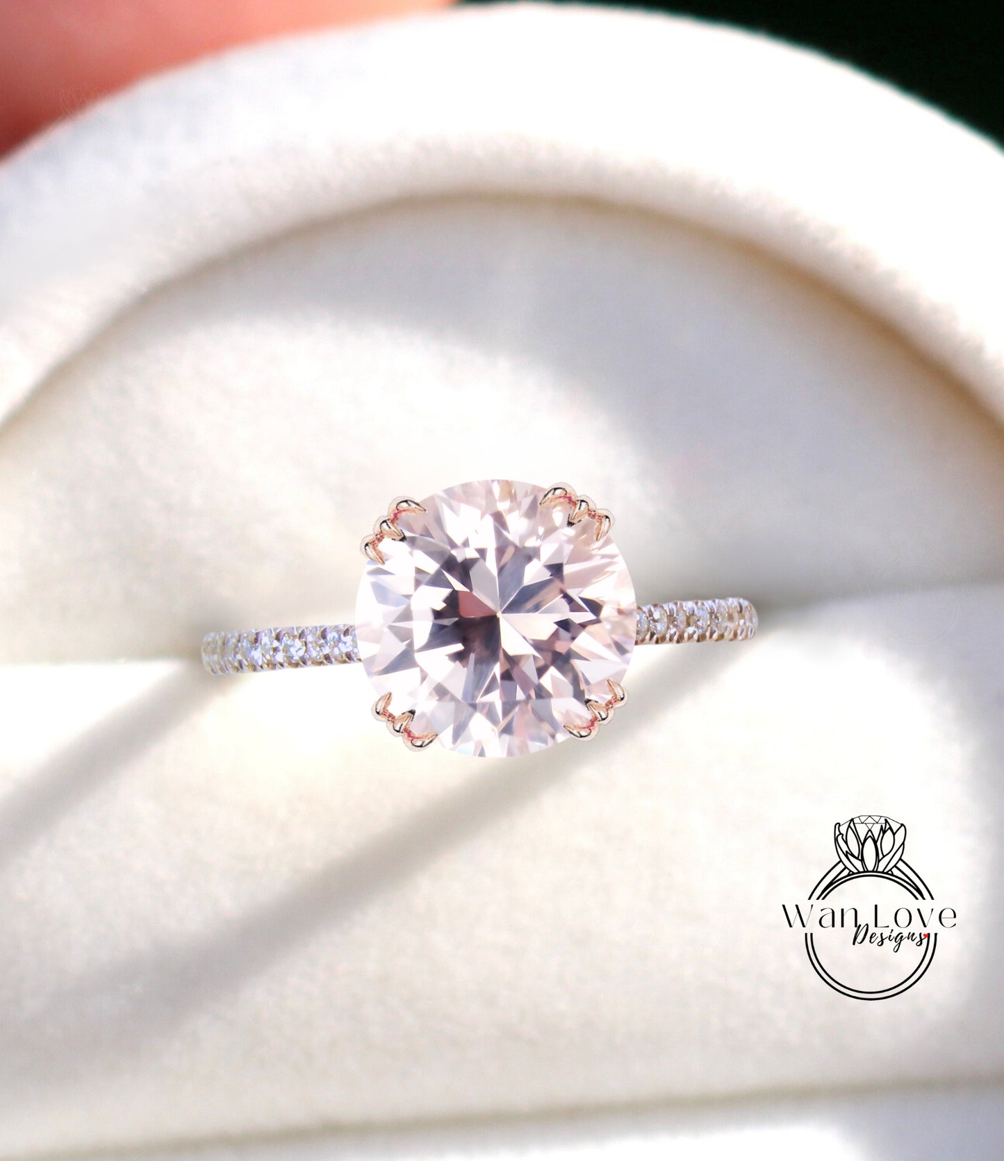 Light Pink Sapphire & Diamond Round 3 triple fishtail prongs Engagement Ring, 14k 18k White Yellow Rose Gold-Platinum-Custom-Wedding