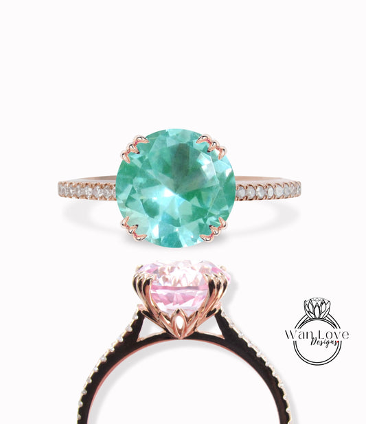 Teal Green Blue Spinel & Diamond Engagement Ring 3 triple fishtail prongs ring half eternity ring diamond round Bridal Anniversary promise Ring gift
