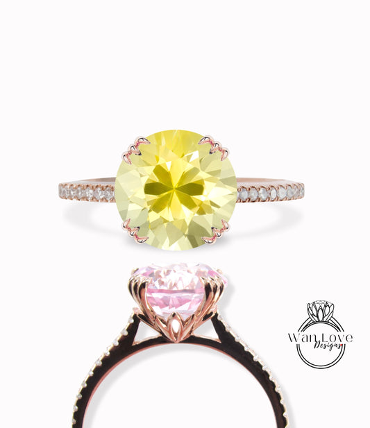 Yellow Sapphire & Diamond Round 3 triple fishtail prongs Engagement Ring, 14k 18k White Yellow Rose Gold-Platinum-Custom-Wedding