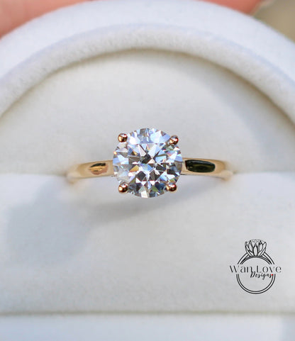 Anello di fidanzamento a quattro punte con zaffiro bianco rotondo in oro giallo 14kt da 2 ct, 8 mm, anello solitario rotondo con zaffiro bianco, anello in oro pronto per la spedizione