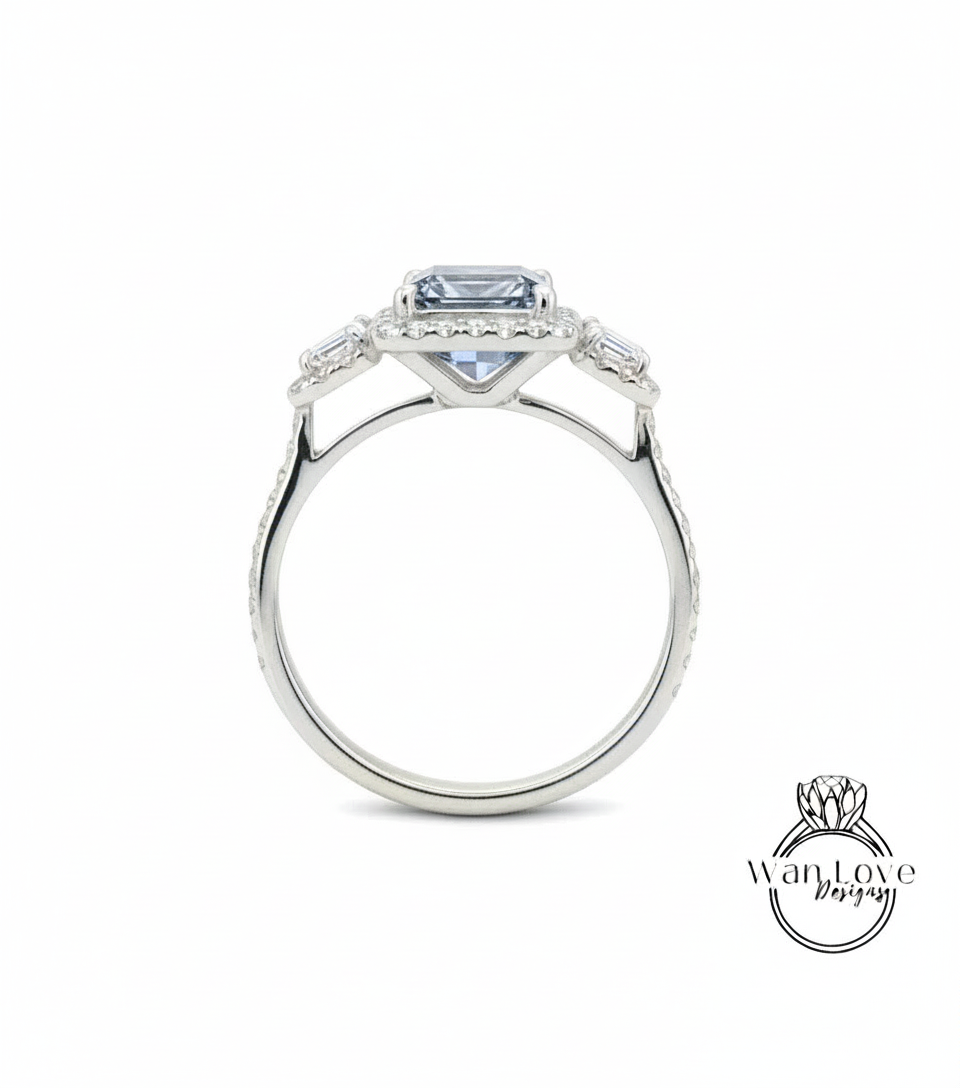 Emerald cut Grey Moissanite & Diamond halo engagement ring cushion cut half moon rose gold art deco diamond three stone triple halo ring wedding Bridal ring Anniversary gift