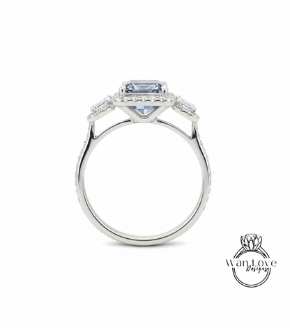 Emerald cut Grey Moissanite & Diamond halo engagement ring cushion cut half moon rose gold art deco diamond three stone triple halo ring wedding Bridal ring Anniversary gift