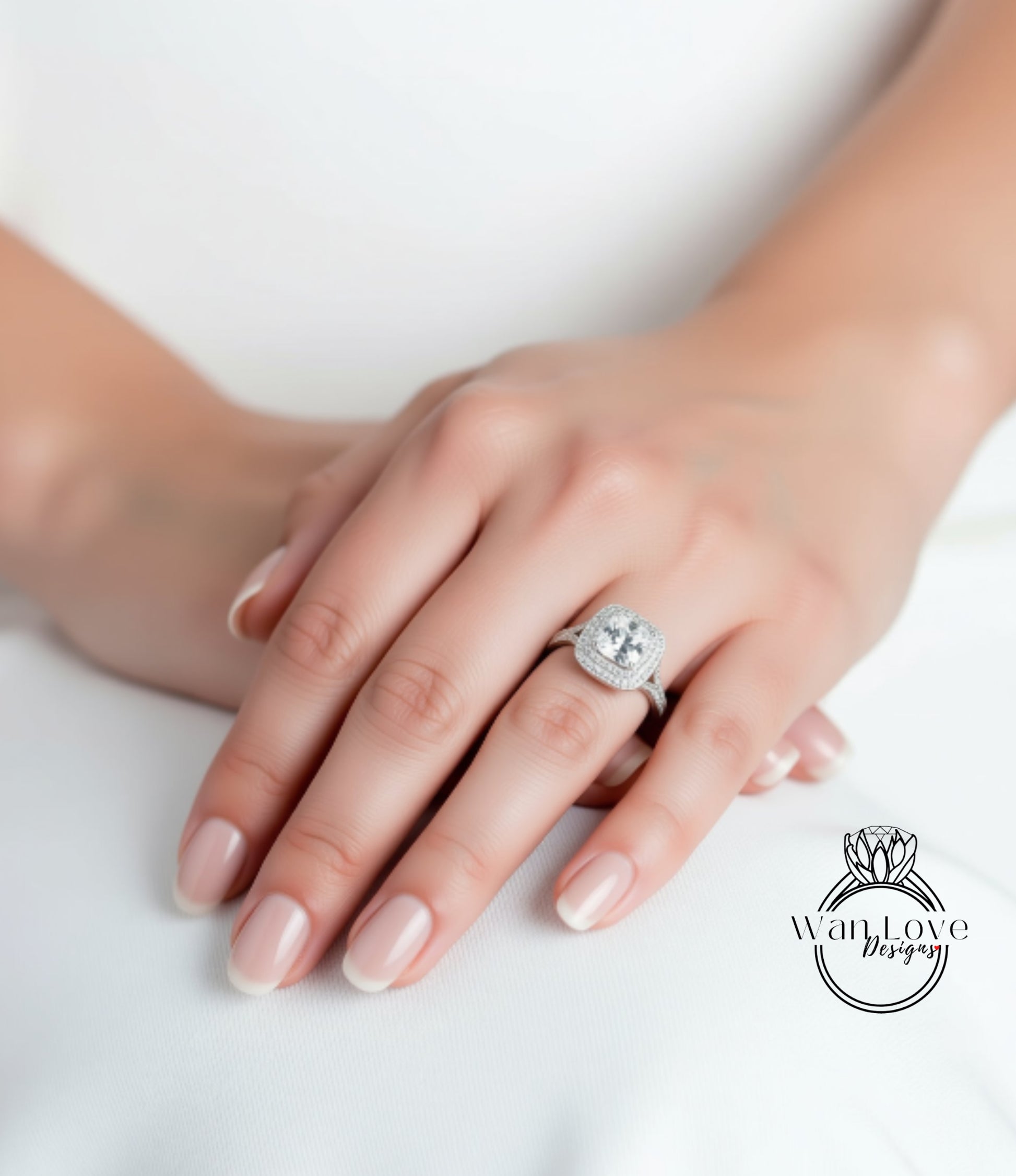 A close-up of a hand wearing a diamond ring, resting on a white surface.
