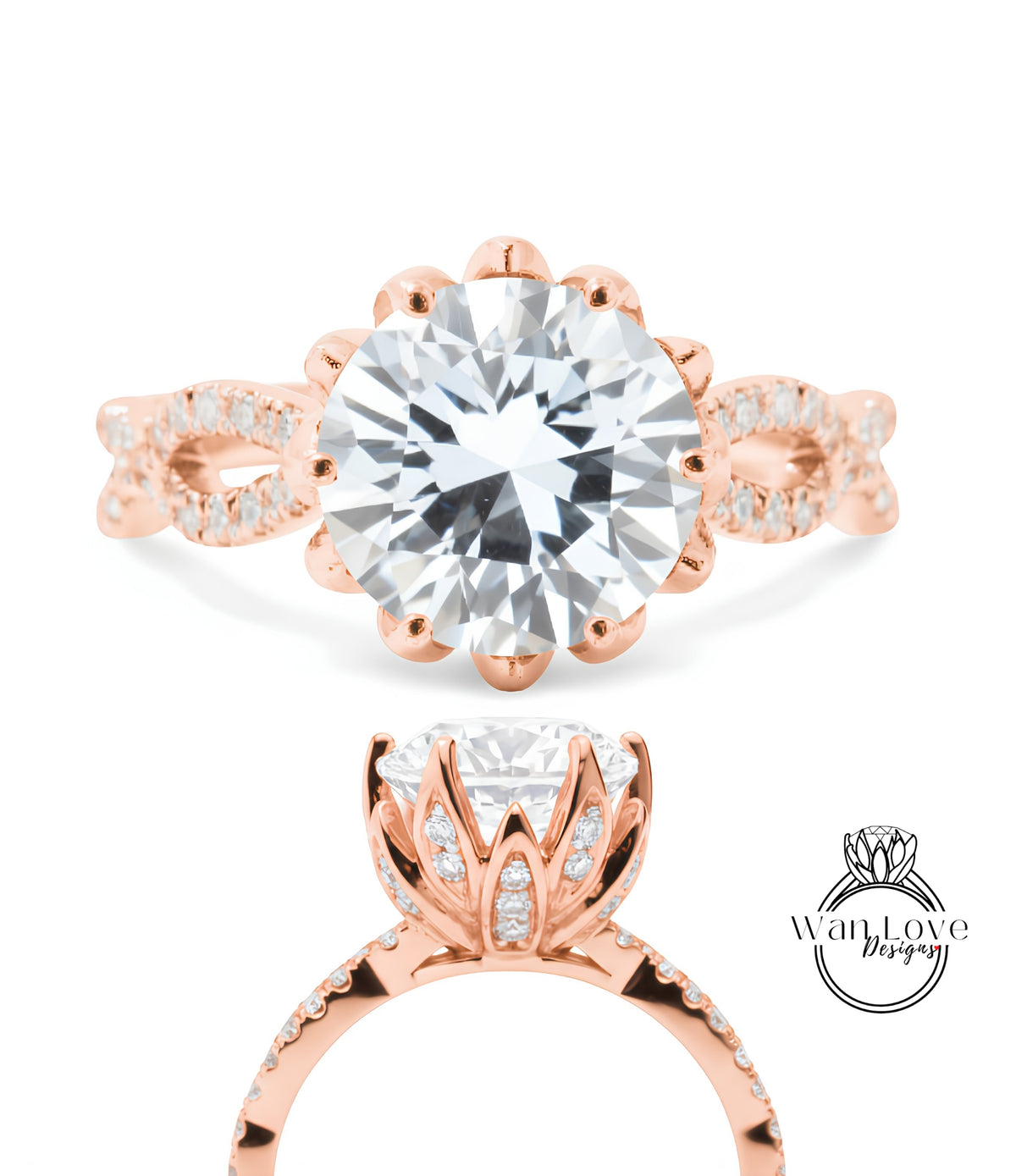 a beautiful rose gold engagement ring with a large round brilliant-cut diamond at the center, surrounded by smaller diamonds and set in a delicate flower-like design.