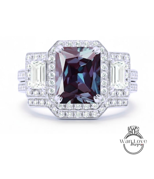 A stunning diamond engagement ring with a large purple gemstone surrounded by smaller diamonds.