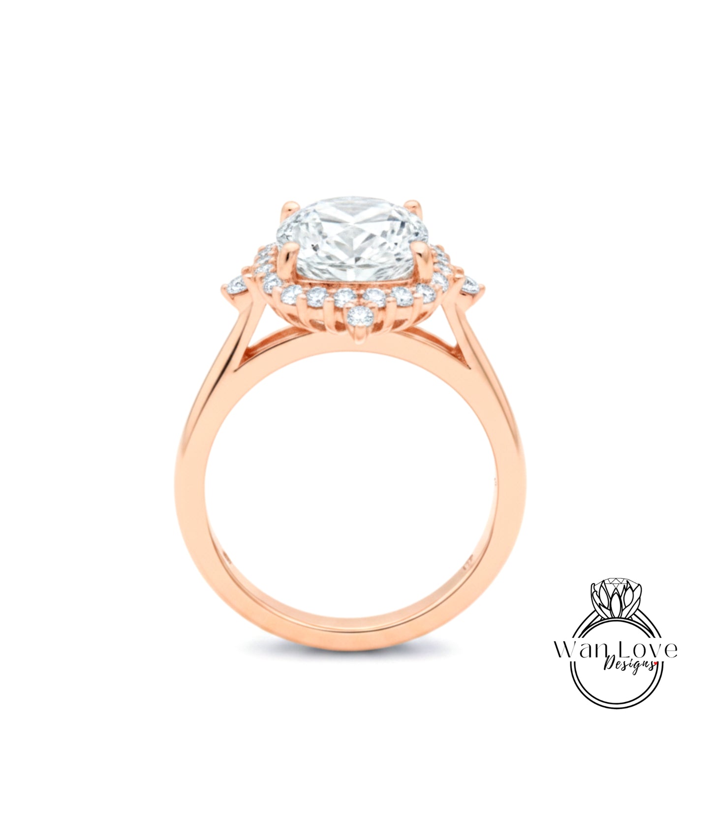 A rose gold engagement ring with a large, round diamond set in the center, surrounded by smaller diamonds.