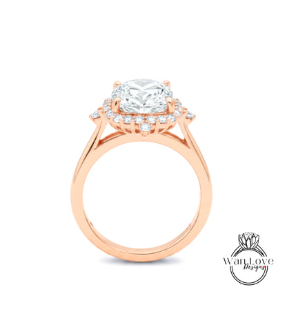 A rose gold engagement ring with a large, round diamond set in the center, surrounded by smaller diamonds.