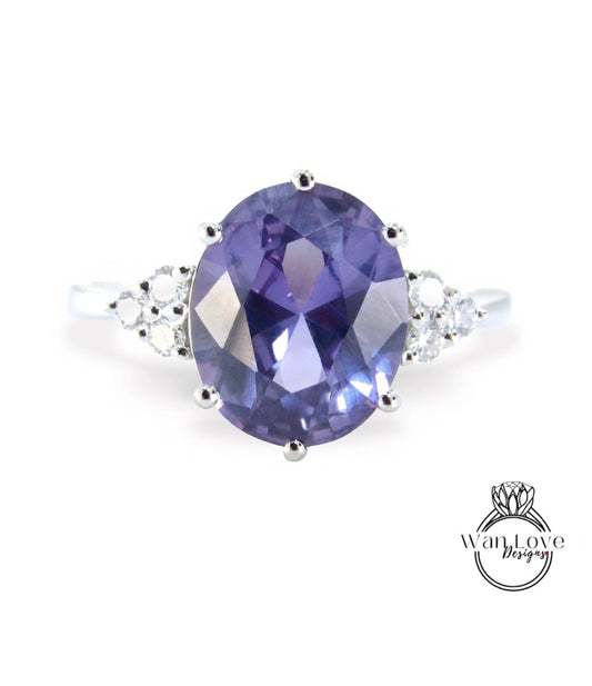 5ct Purple Sapphire Alexandrite color Change Oval engagement ring vintage Unique diamond Cluster Platinum engagement ring women gift-Ready