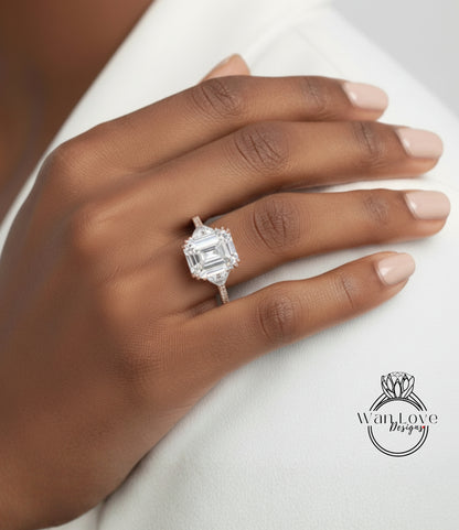 A close-up of a hand wearing a large, diamond-encrusted engagement ring.
