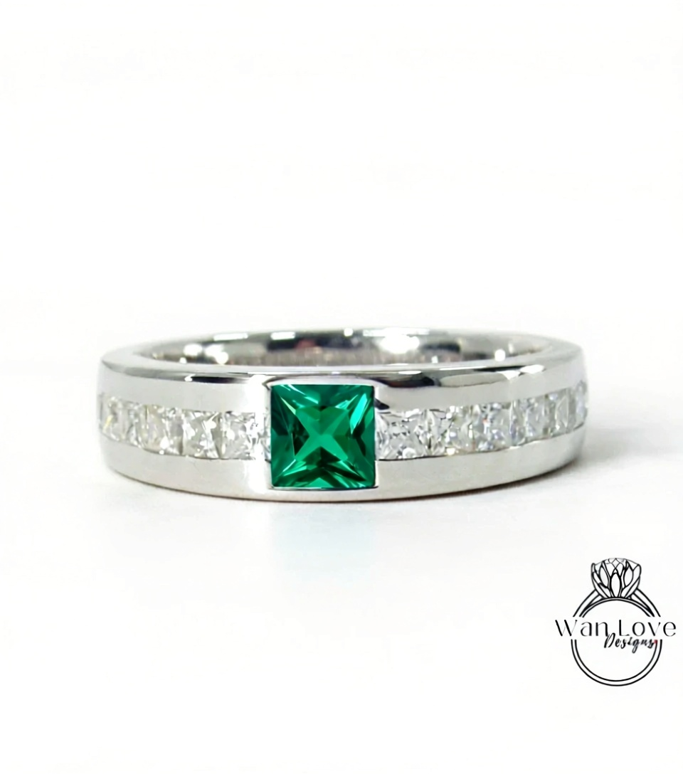 Mens Emerald Diamond Wedding Band | Princess Cut Green Emerald Band | Solid Gold Mens Ring | Mens Princess Cut Green Emerald Birthstone Ring