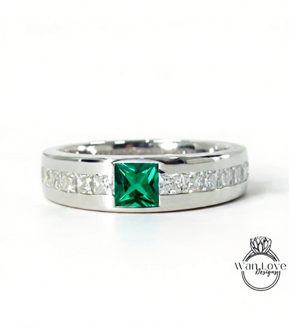 Mens Emerald Diamond Wedding Band | Princess Cut Green Emerald Band | Solid Gold Mens Ring | Mens Princess Cut Green Emerald Birthstone Ring