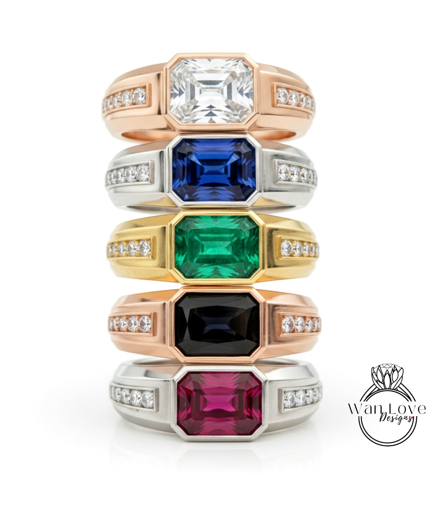 A stack of five rings with various gemstones, including a large diamond ring at the top, followed by rings with different colored gemstones.