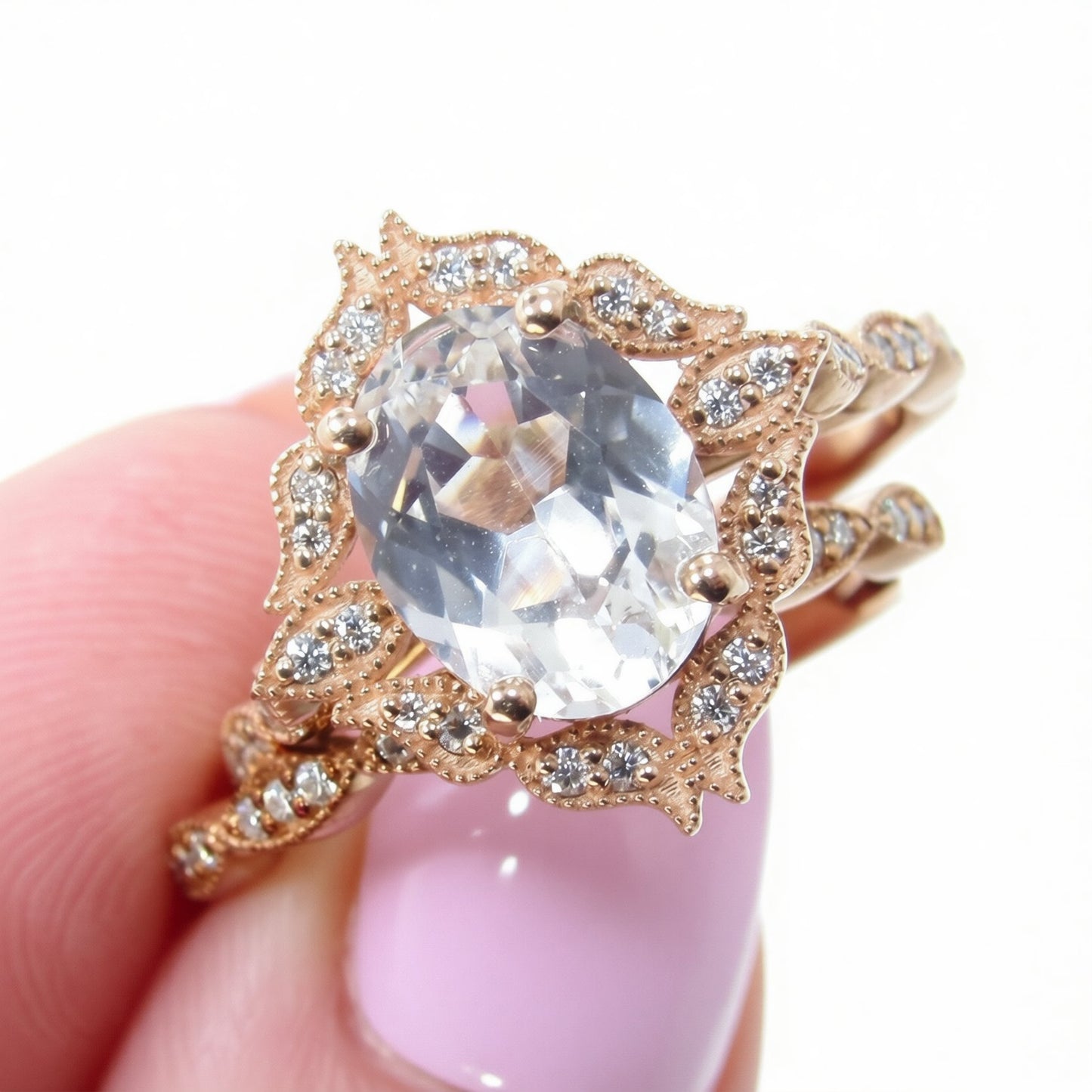White Sapphire vintage engagement ring set Rose gold moissanite halo ring Antique almost eternity matching wedding band Bridal Promise Ready