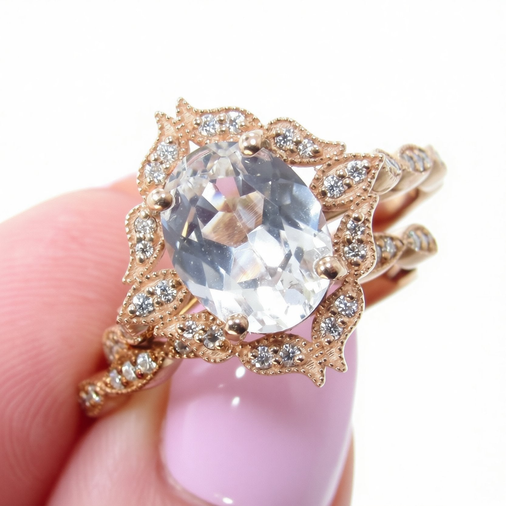 White Sapphire vintage engagement ring set Rose gold moissanite halo ring Antique almost eternity matching wedding band Bridal Promise Ready