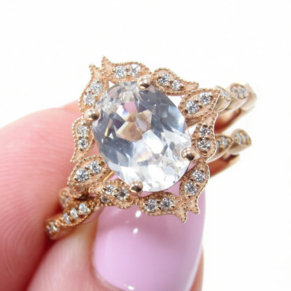 White Sapphire vintage engagement ring set Rose gold moissanite halo ring Antique almost eternity matching wedding band Bridal Promise Ready