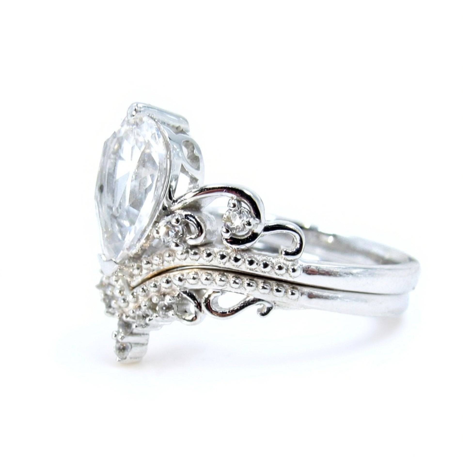 White Sapphire Pear Diamond Engagement Ring,V Contoured Wedding Band Set,Royal Princess, Custom-14k 18k White Yellow Rose Gold