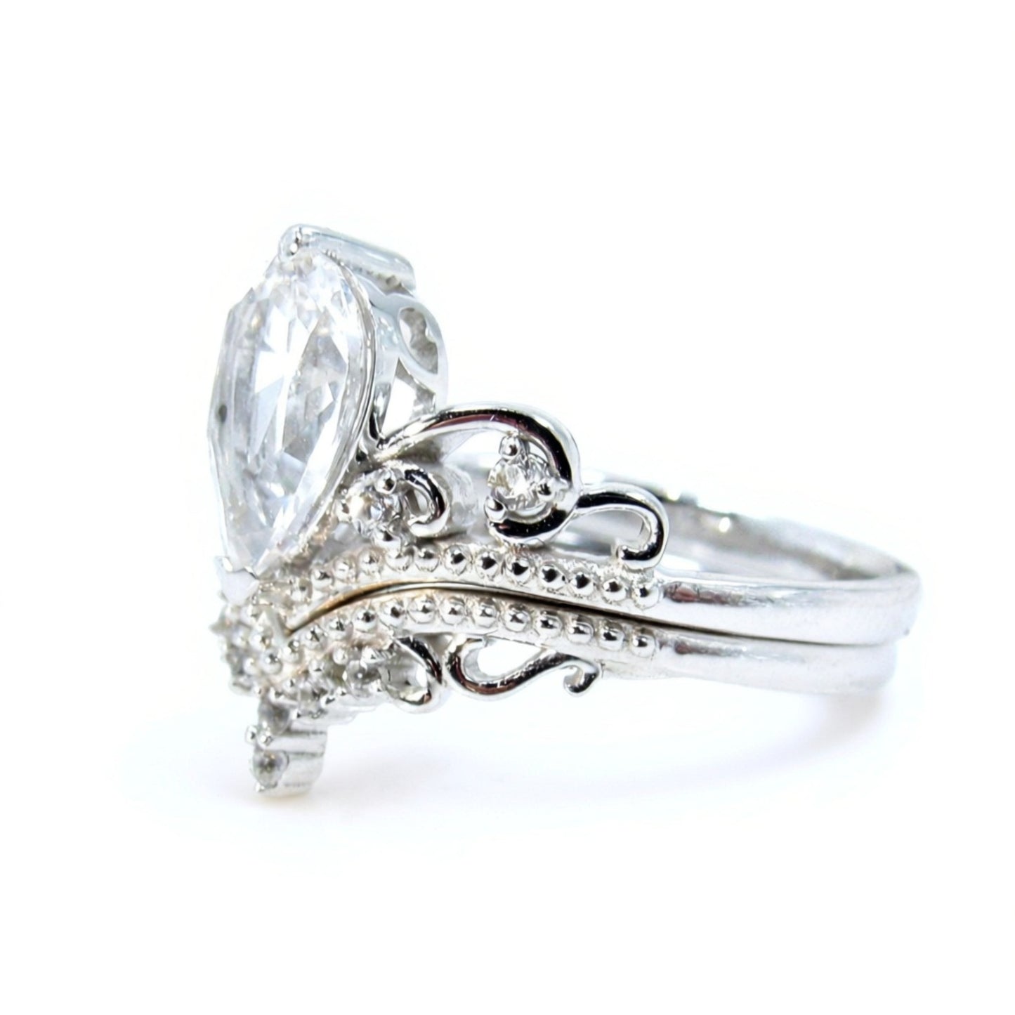 Ready to ship White gold Pear Shape Royal Crown Engagement Ring, Women ring Vintage Pear White Sapphire ring Cluster Curved Band Bridal Set Wan Love Designs