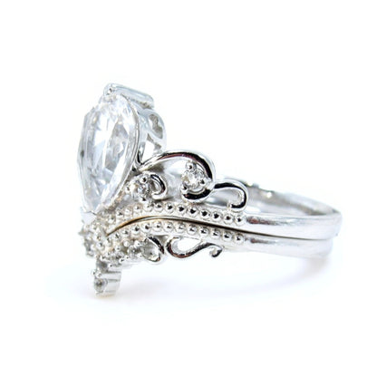 Ready to ship White gold Pear Shape Royal Crown Engagement Ring, Women ring Vintage Pear White Sapphire ring Cluster Curved Band Bridal Set Wan Love Designs