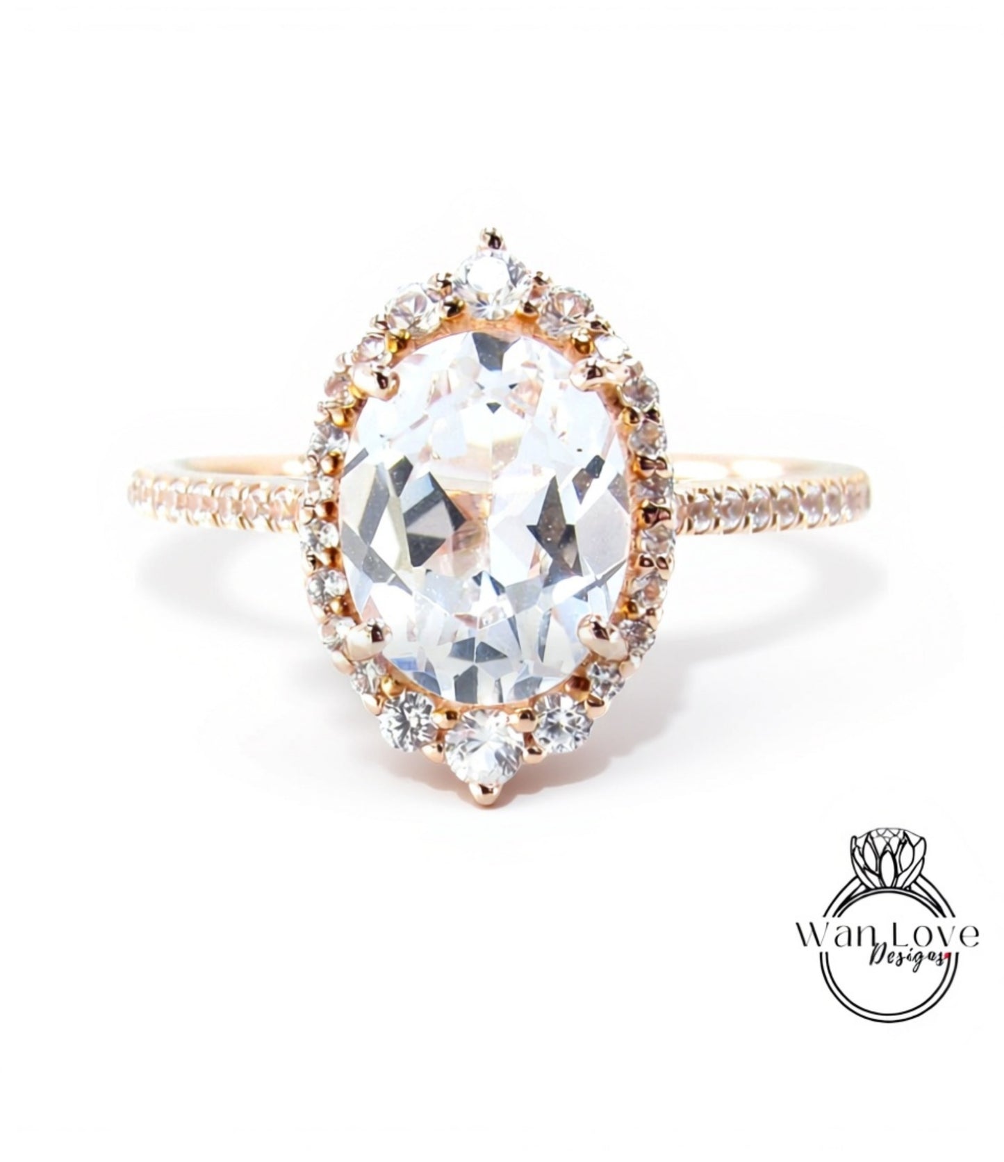 White Sapphire engagement ring vintage Art deco Oval cut Unique Graduated halo ring Rose gold Bridal Anniversary ring gift for her, Ready