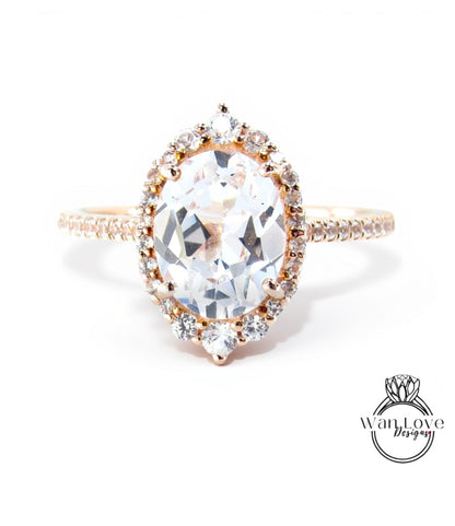White Sapphire engagement ring vintage Art deco Oval cut Unique Graduated halo ring Rose gold Bridal Anniversary ring gift for her, Ready