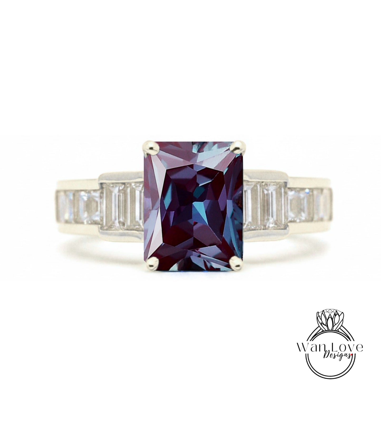a ring with a large, purple gemstone set in a silver band.