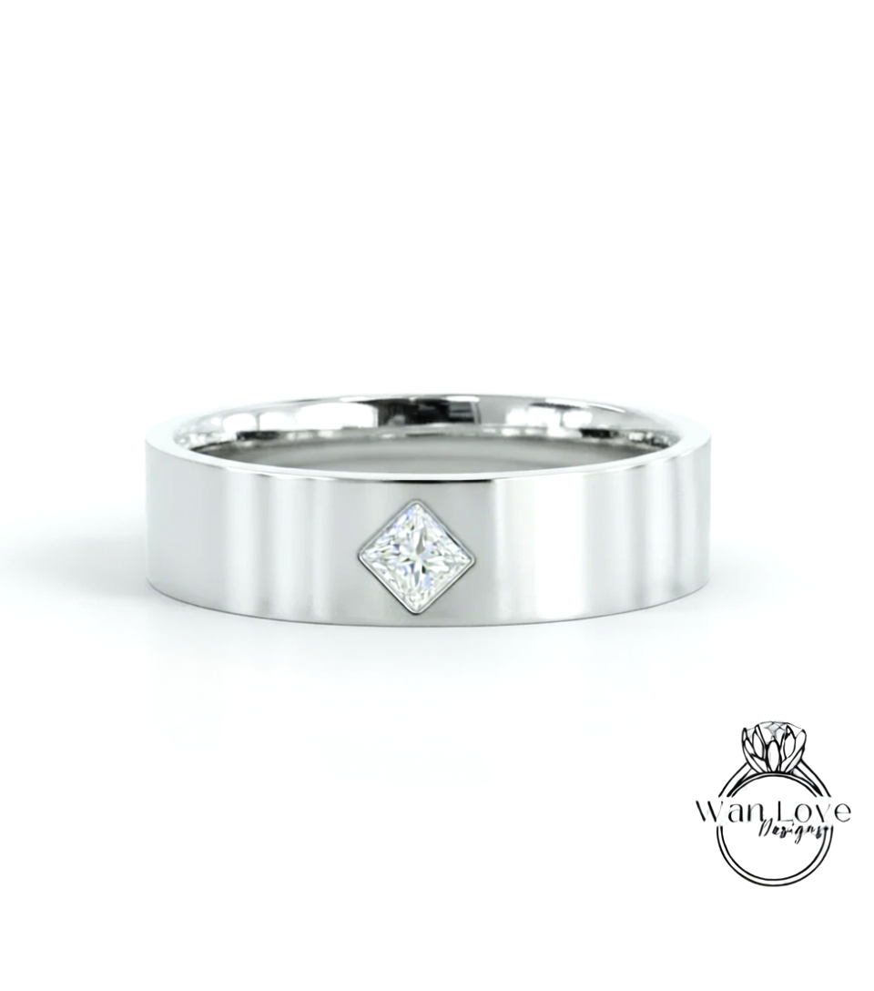 Gold Diamond Men's Band vintage princess cut kite set wedding ring unique Art Deco Geometric ring promise anniversary ring solid gold band