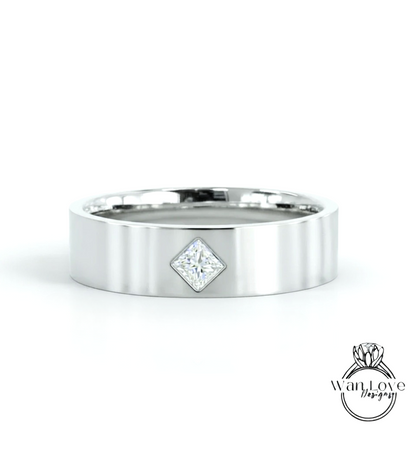 Gold Diamond Men's Band vintage princess cut kite set wedding ring unique Art Deco Geometric ring promise anniversary ring solid gold band