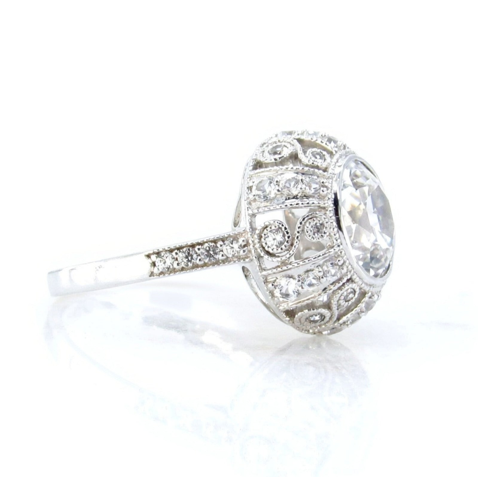 White Sapphire Antique Bezel Filigree Engagement Ring, Milgrain Detail, Scrolls, 2ct, 8mm, Silver Rhodium, Anniversary gift, Ready to ship