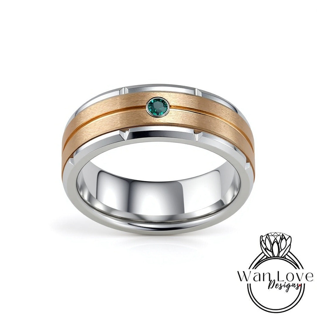 Mens Blue Sapphire Tungsten Band, Mens Silver Gold Wedding Ring, Mens Moissanite Diamond Wedding Ring, Tungsten Carbide Band,Engagement Ring